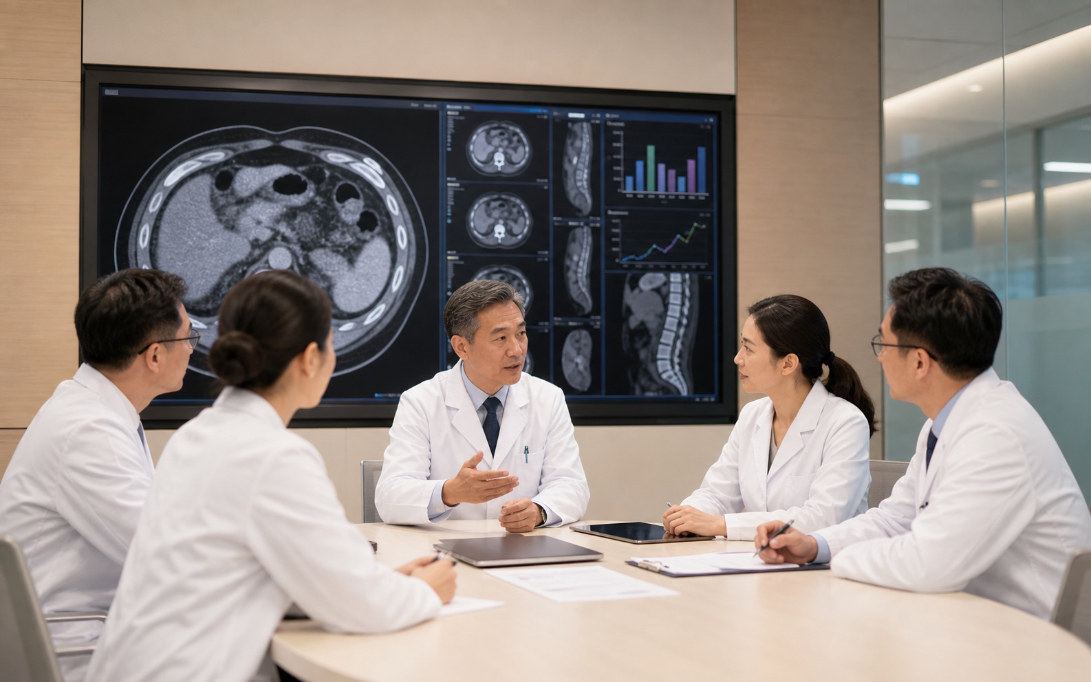 Chinese hospital multidisciplinary specialist meeting reviewing CT, MRI, pathology, and treatment pathways