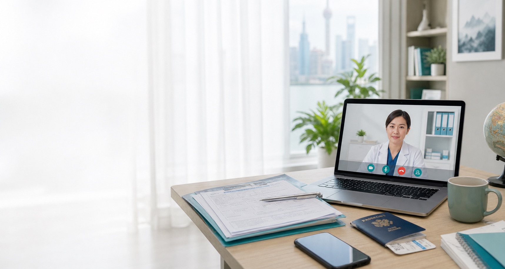 Online consultation setup with medical records and a Chinese specialist on video
