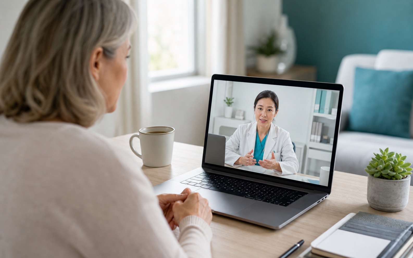 International patient speaking with a Chinese doctor by video while a medical coordinator records key notes