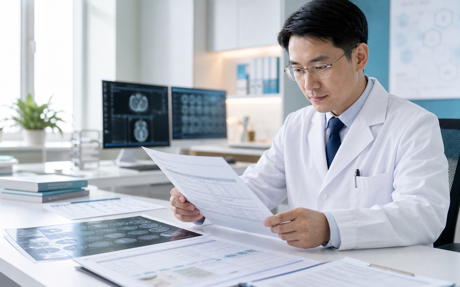 Senior Chinese specialist reviewing English medical records, imaging, pathology reports, and a written report mockup